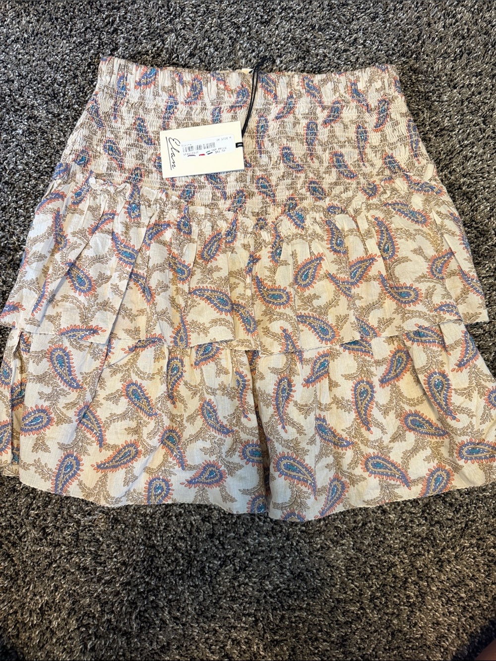 Elan Cream Paisley Tiered Smocked Waist Skirt with Blue and Coral Accents